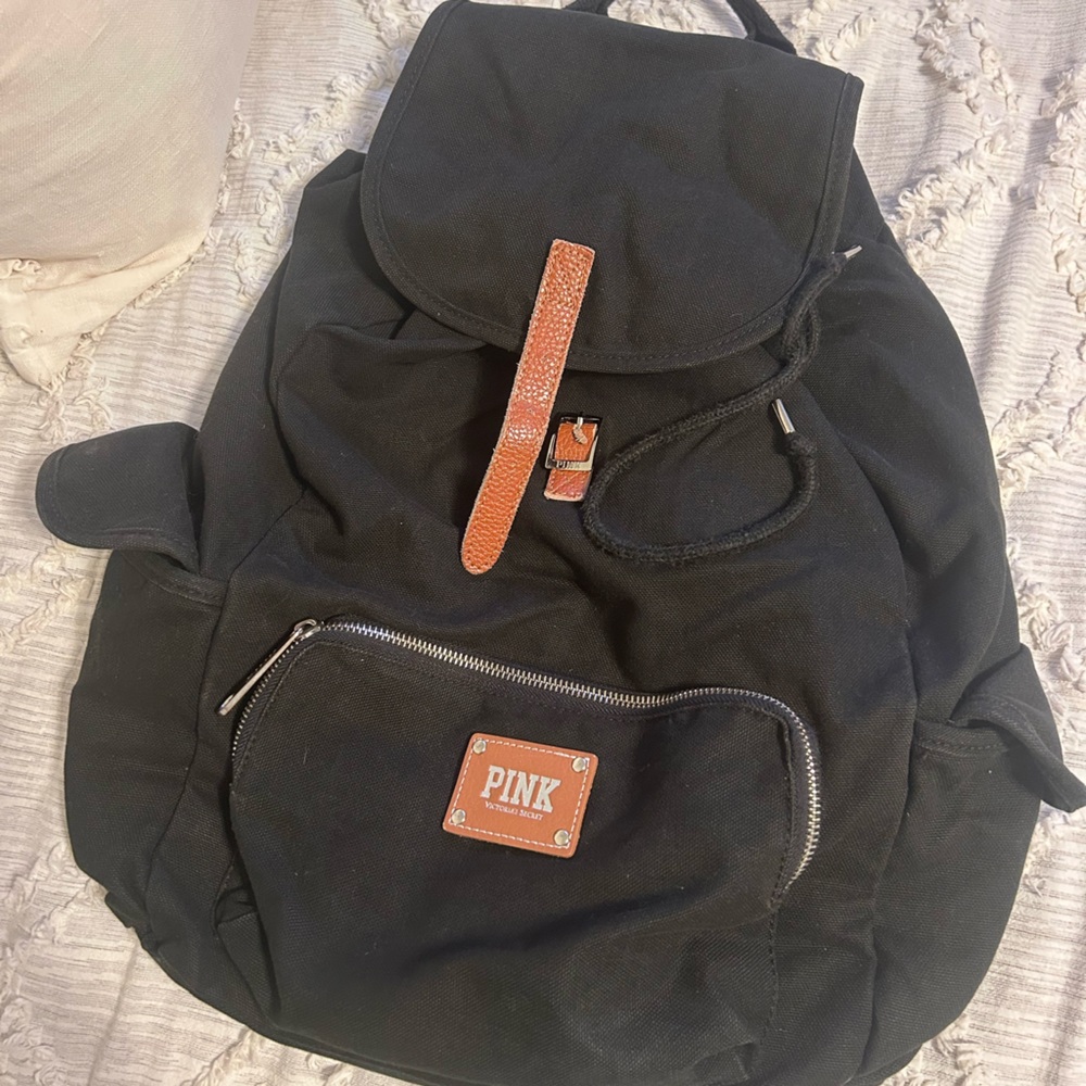 Victoria Secret Pink Black Canvas Drawstring Backpack